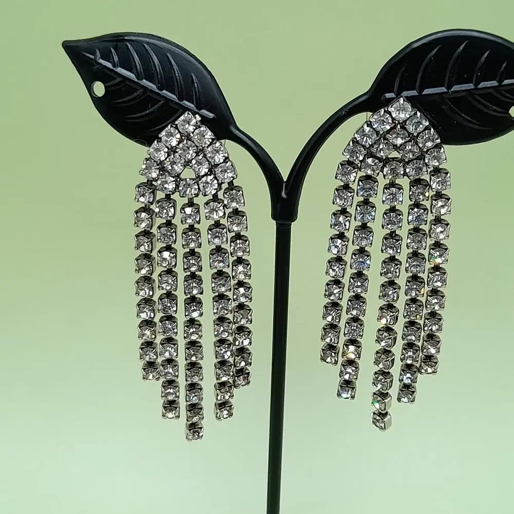 Vintage Clear Rhinestone Fringe Post Earrings, 1980s, 2 1/2 Inches - Picture 3 of 9